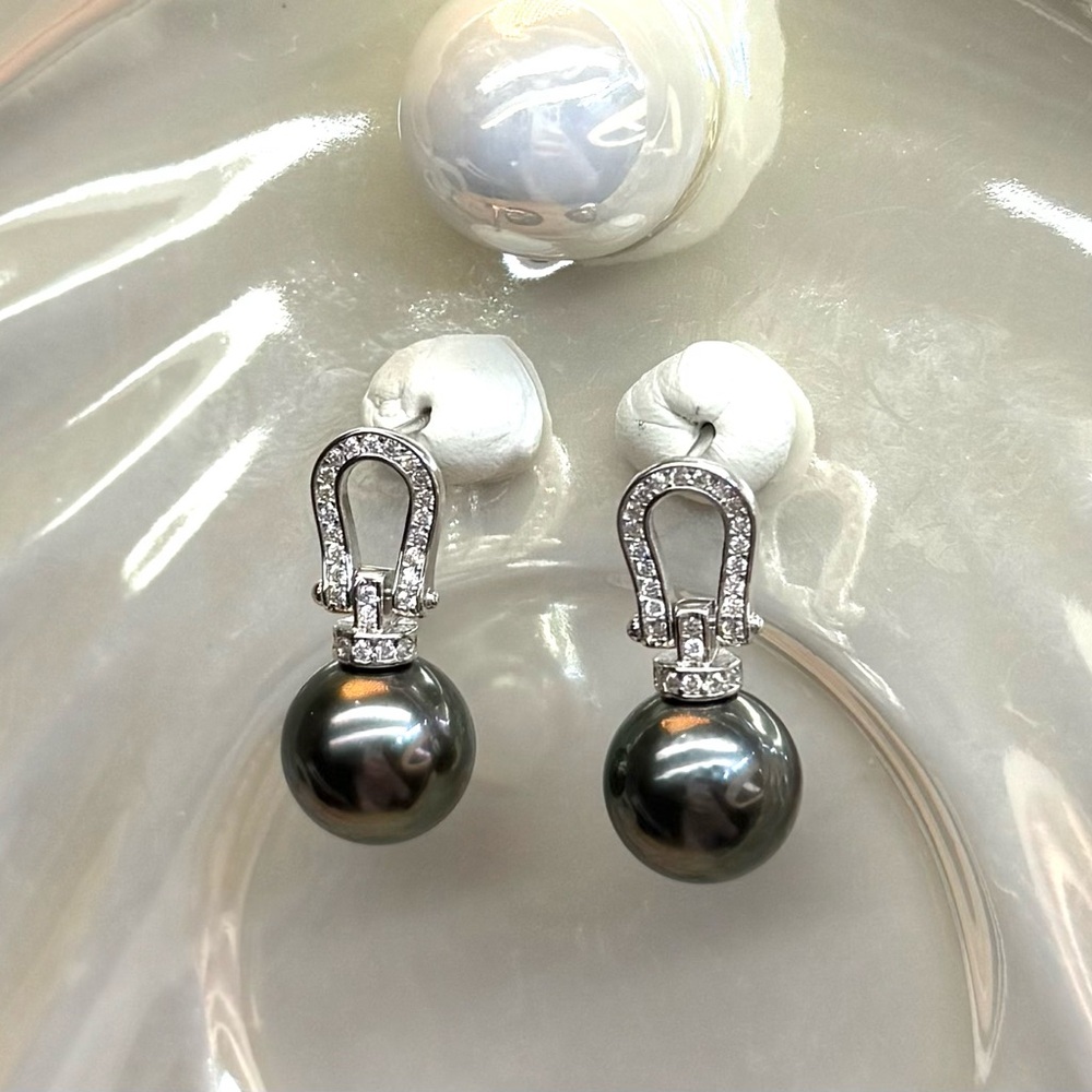 EPT16 Australian Tahitian Charcoal 10-11mm Pearl Horseshoe Earrings 18K WG S925 - Picture 11 of 16
